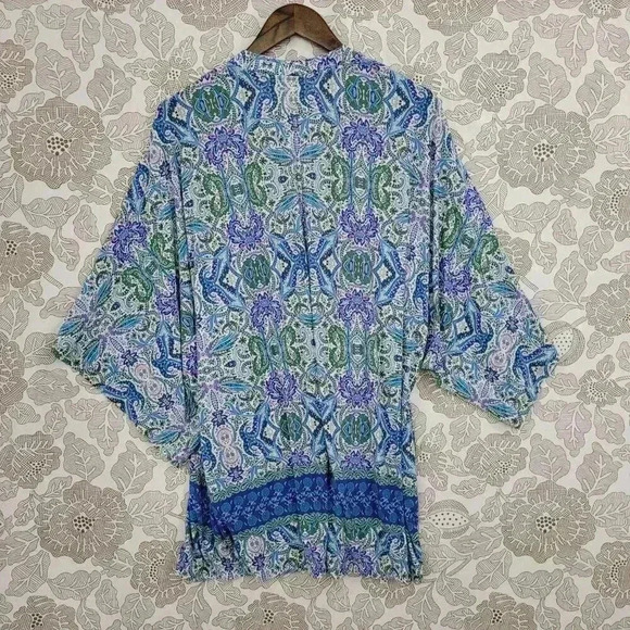 Soma Womens Open Front Kimono Cardigan L Blue & Green Paisley Print - Picture 2 of 7